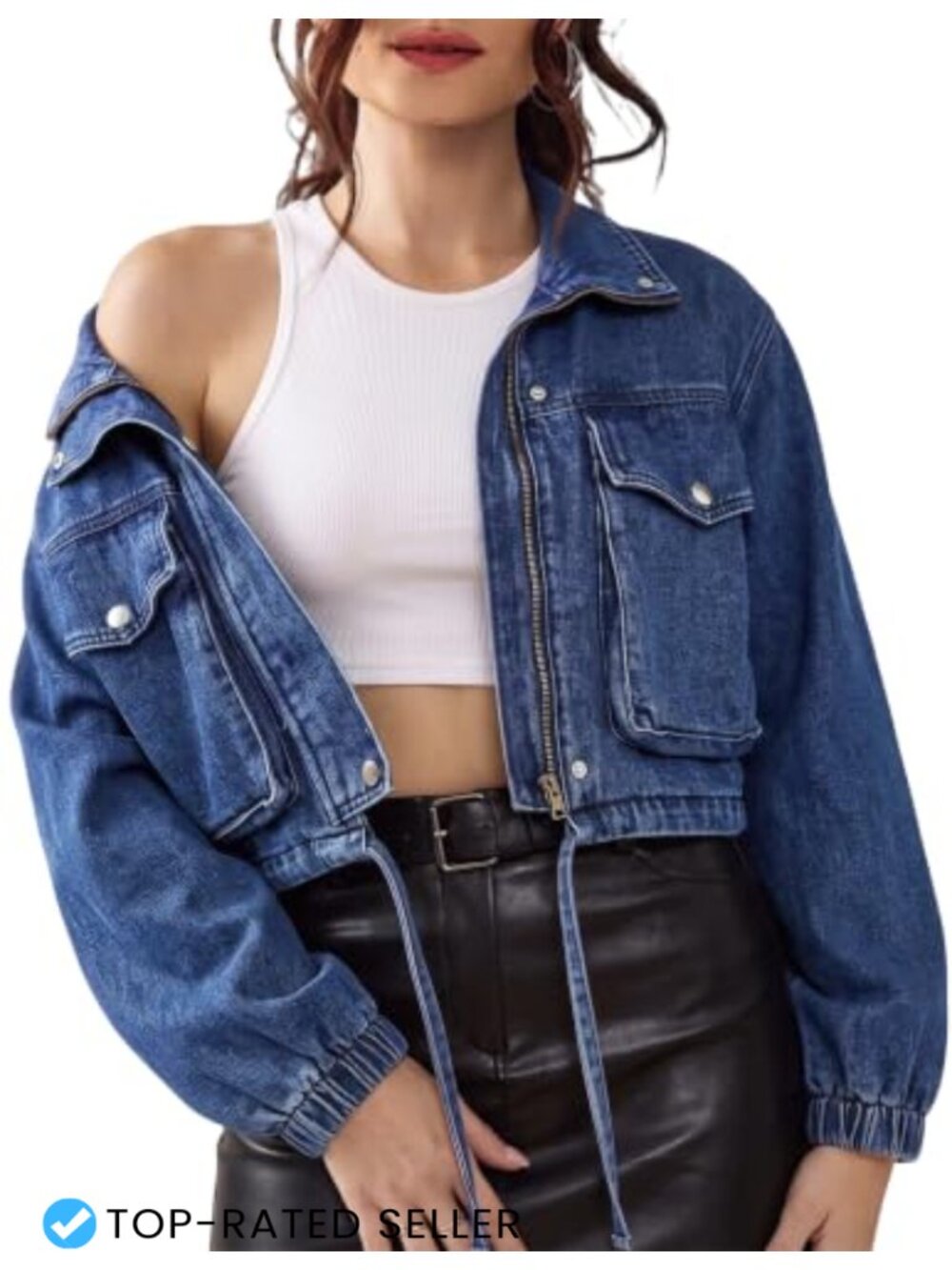 Women's Cropped Denim Jacket Zip Front Lightweight Casual - Picture 3 of 6